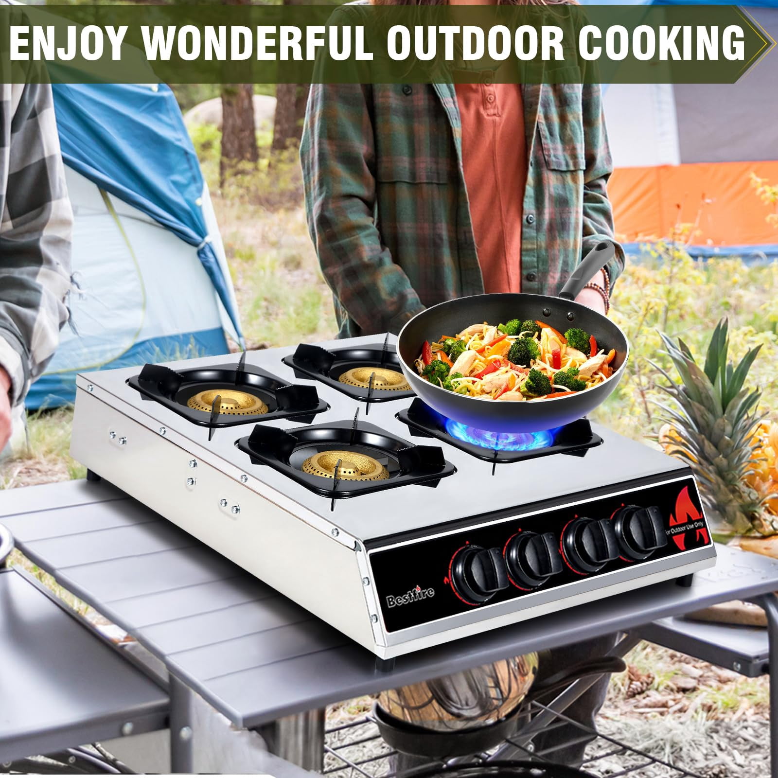 Frizi 4 Burner Propane Gas Stove 40,000 BTU Stainless Steel Cooktop with Enamel Pan Support, Electronic Ignition, Regulator & Hose Included, Portable Gas Stove for Camping, Outdoor Cooking, BBQ