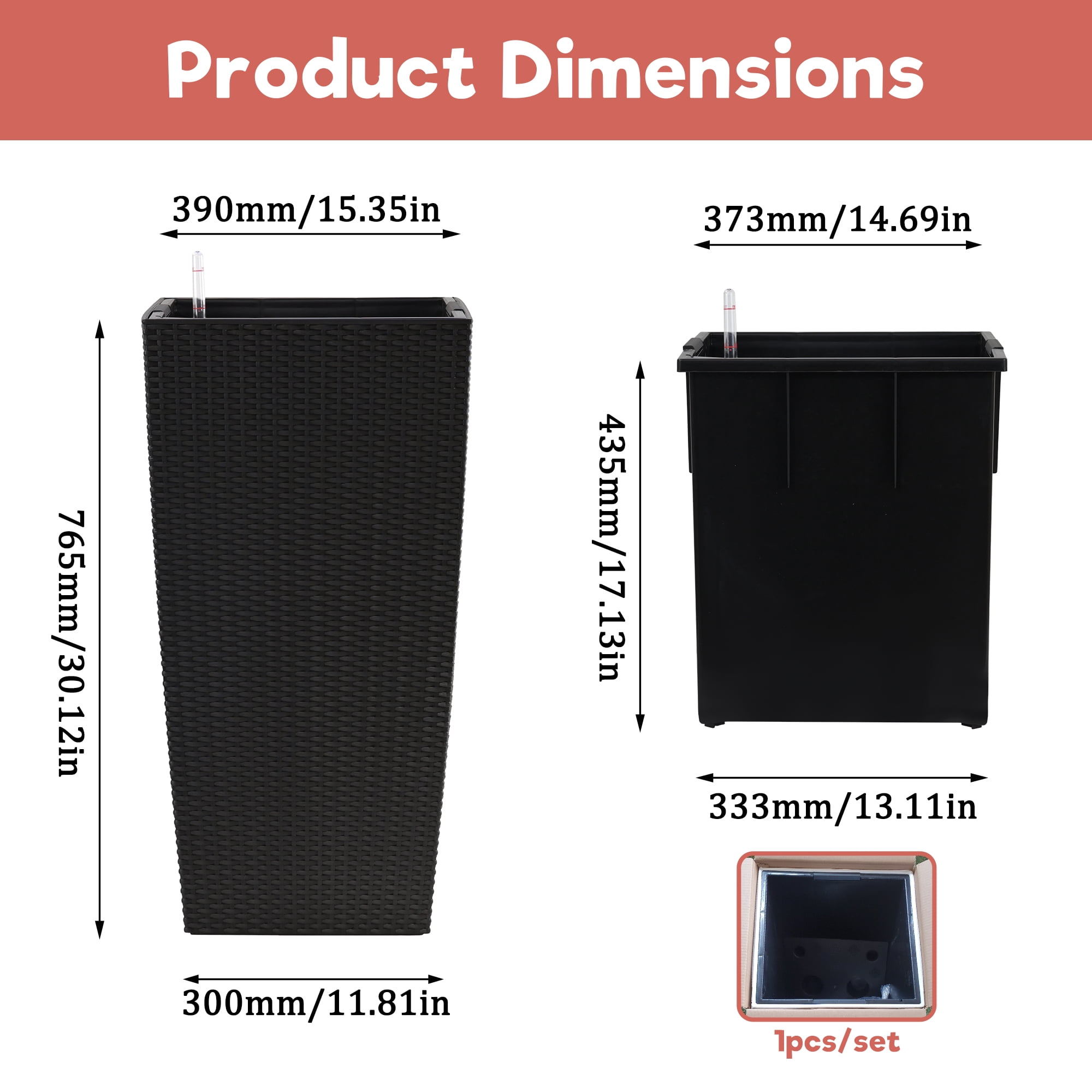 30" Large Tall Planters for Indoor Outdoor,Modern Planter Pots with Self-Watering Drainage Holes&Inner Trays for Garden,Patio,Porch,Backyard,Set of 1,Black