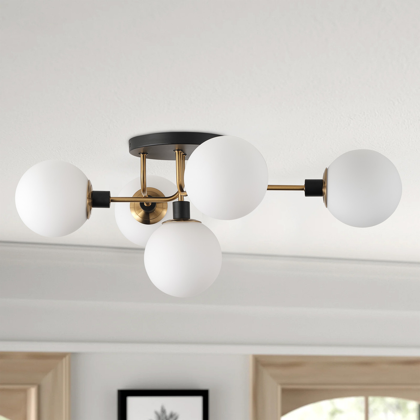 5-Light Modern Sputnik Chandelier, Globe Frosted Glass Shade Industrial Lighting Fixture, Farmhouse Semi Flush Mount Ceiling Light for Living Room Bedroom