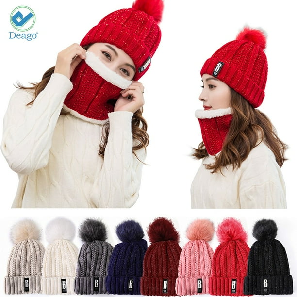 Deago Womens Mens Winter Warm Hat Beanie Knit Hat Scarf Set Fur Ski Pom Pom Cap Wine Red Walmart Com Walmart Com