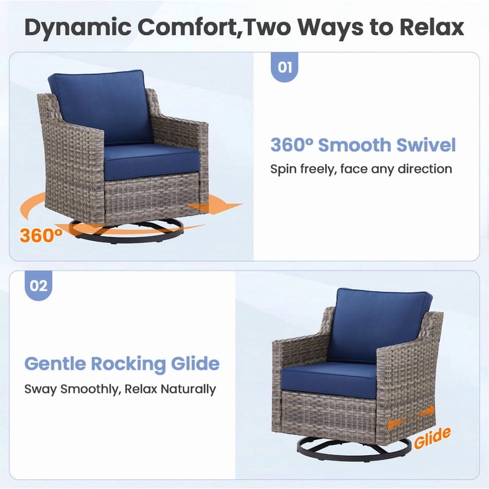 PARKWELL 6 Piece Outdoor Patio Swivel Glider Chair Set,All-Weather Rattan Conversation Set with Swivel Rocking Chair and Side Table,4-Seat Furniture Sets for Deck, Backyard,Gray/Navy