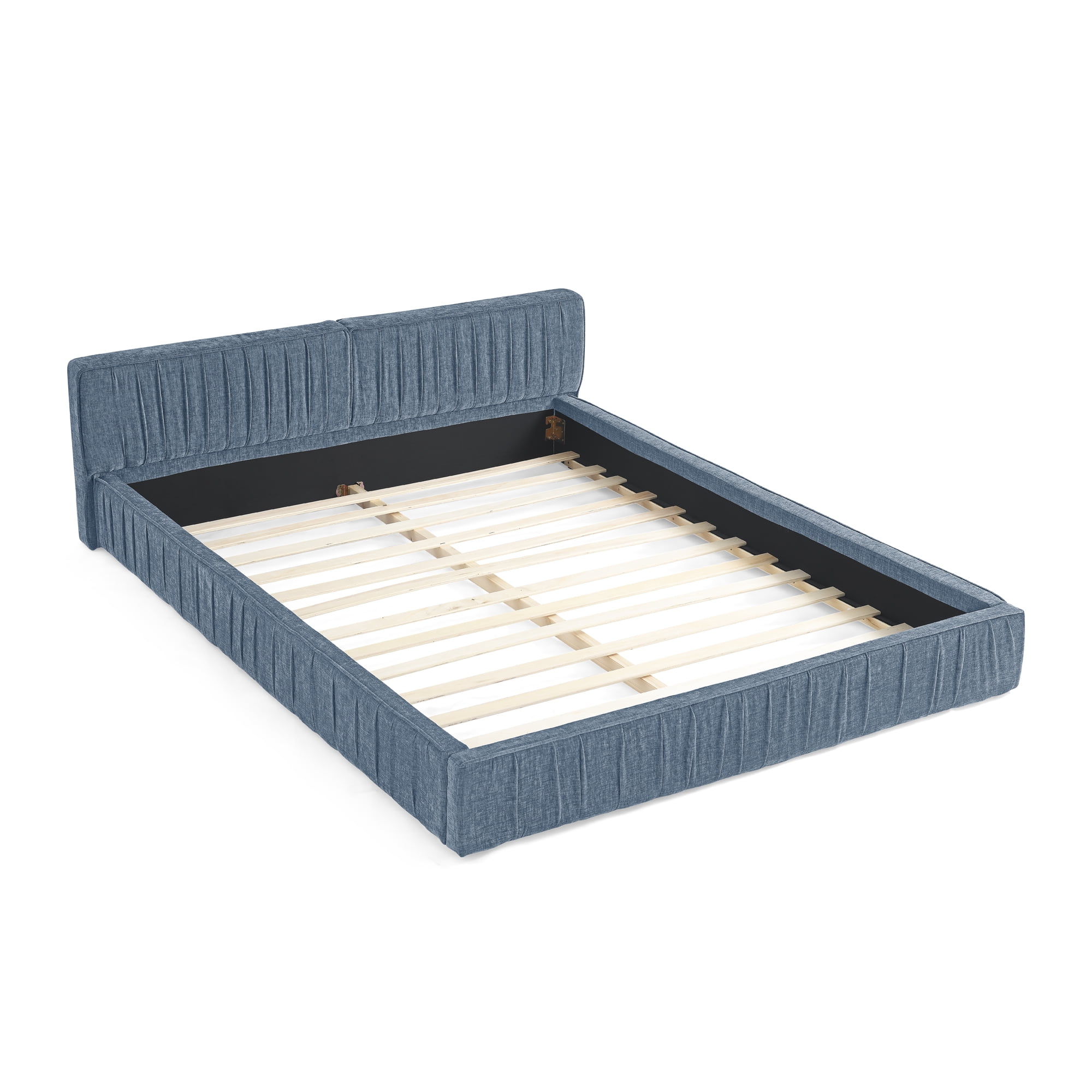 Aukfa Queen Size Upholstered Bed Frame, Low Profile Grounded Bed, Chenille Fabric Pleated Design Platform Bed, Blue