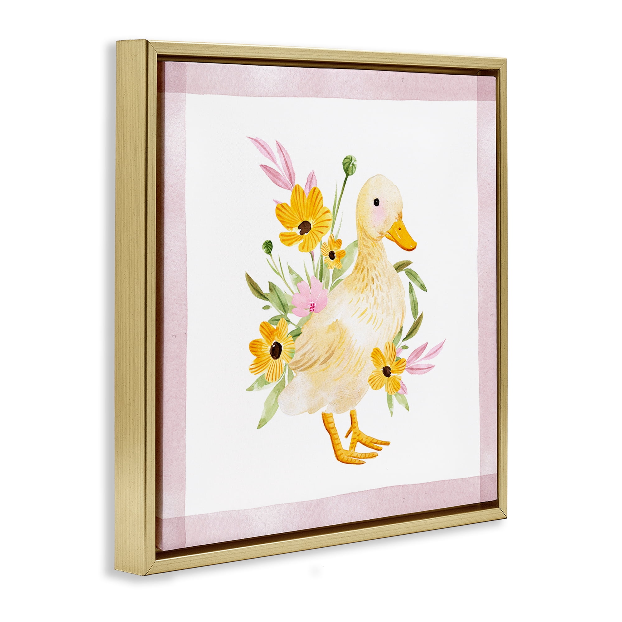 Stupell Industries Duck & Yellow Daisies Animals & Insects Painting Gold Floater Framed Canvas Art Print Wall Art, 18 x 18