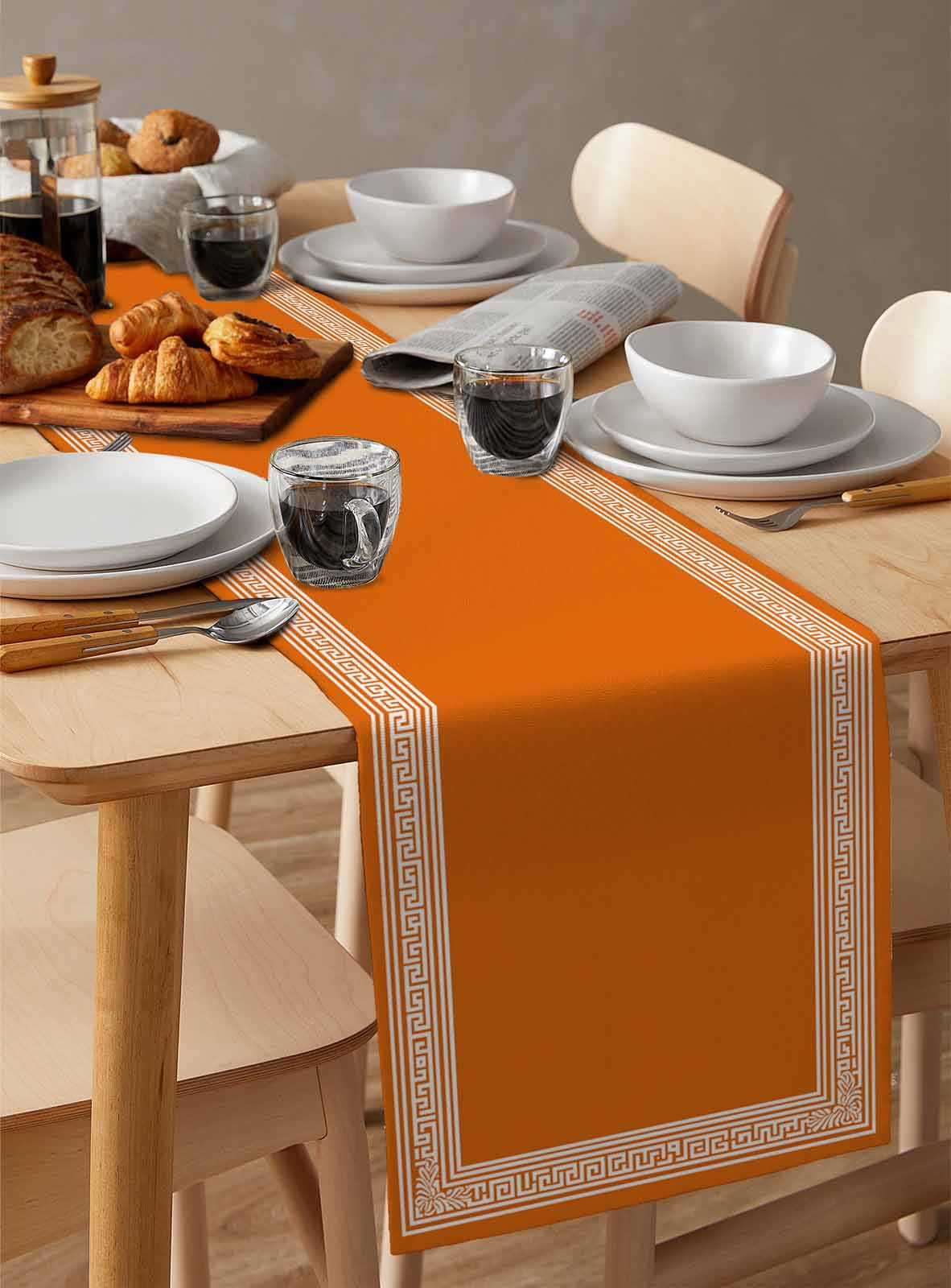 Burnt Orange Geometric Burlap Cotton Table Runner 13x90 Inches Long, Country Greece Key Art Farmhouse Table Runners, Outdoor Dining Tablecloths Decor for Baby Shower/Party/Wedding