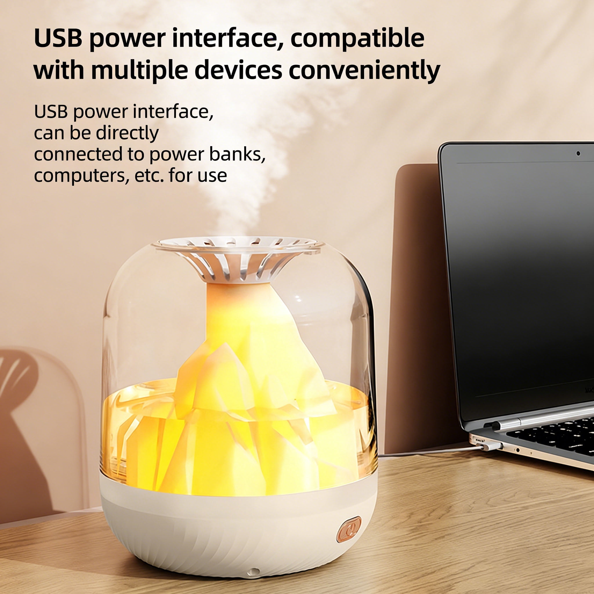 Portable Small Cool Mist Humidifier – USB Powered (Rechargeable), Compact Desktop Humidifier for Plants, Office, Baby Room – Night Light – Beige, 900ML