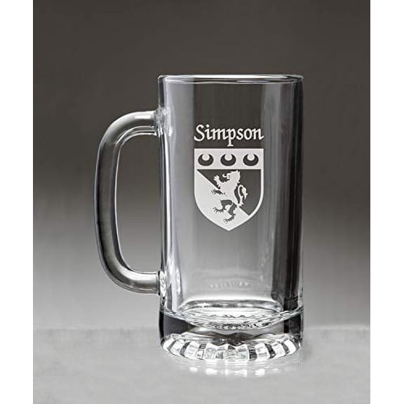 Simpson Irish Coat of Arms Glass Beer Mug (Sand Etched)