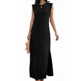 thumbnail image 2 of 2025 Women Summer Round Neck Casual Loose Split Wrinkle-Free Long Maxi Vacation Dress with Pockets, 2 of 9