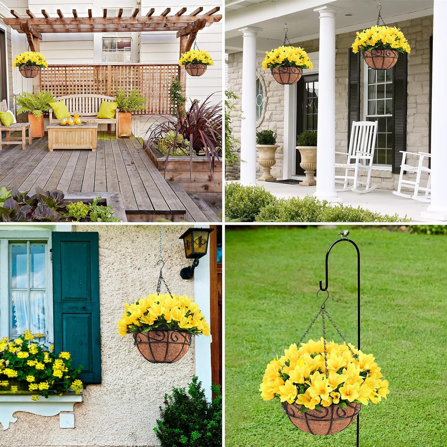 Artificial Hanging Flowers, Fake Silk Azalea Plants with Coconut Lining Hanging Baskets Outdoor for Spring Summer Yard Patio Front Porch Home Decorations, Yellow