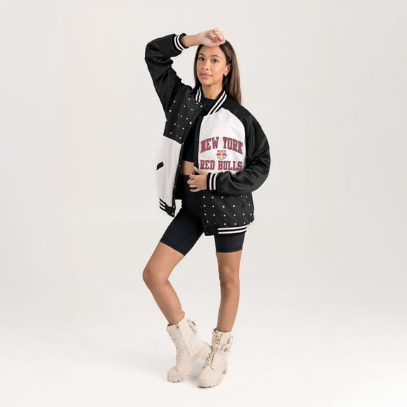 Women's Gameday Couture Black New York Red Bulls Refined Rivalries Rhinestone Raglan Full-Snap Varsity Bomber Jacket