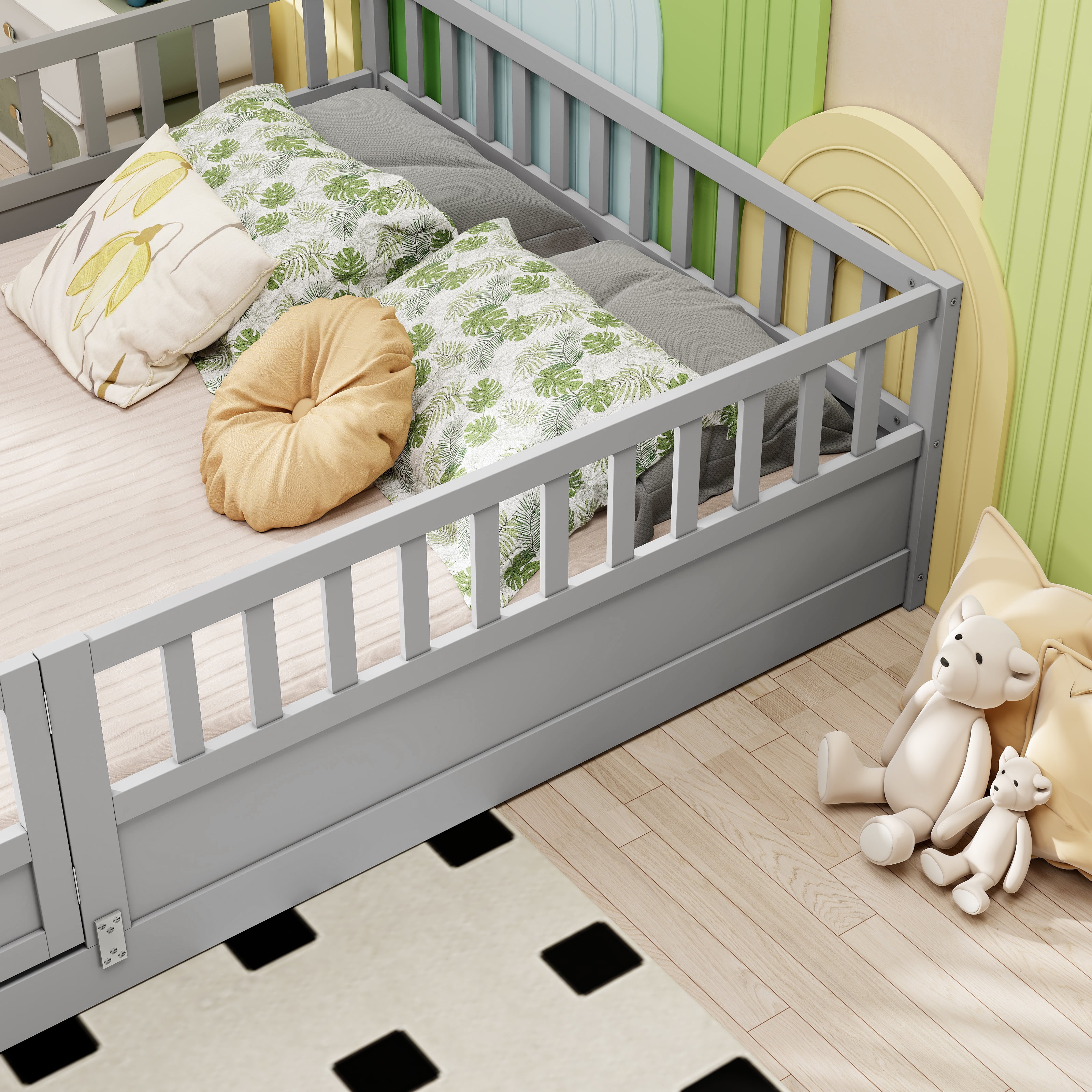 Euroco Wood Floor Bed with Fence and Door for Kids, Full, Gray