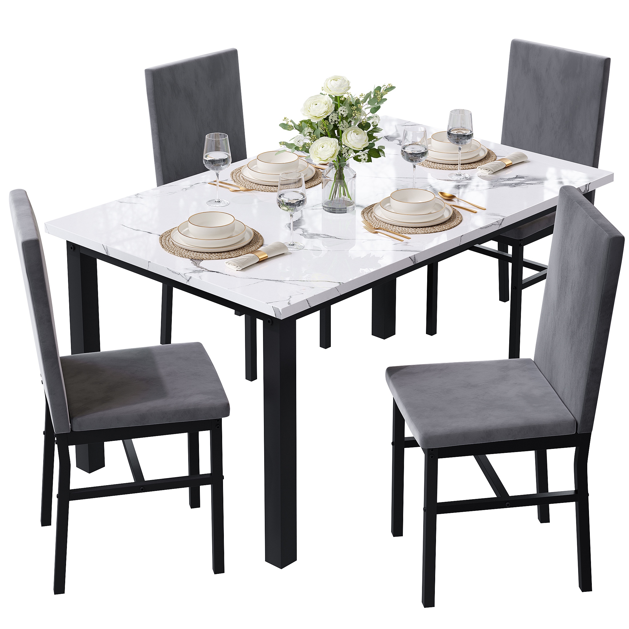uhomepro 5-Piece Dining Table Set, Faux Marble, Gray Chairs photo 8