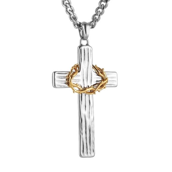 HZMAN Cross Necklace for Men Stainless Steel Retro Jesus Crown of Thorns Cross Pendant Necklace Christian Jewelry Gift (Silver)