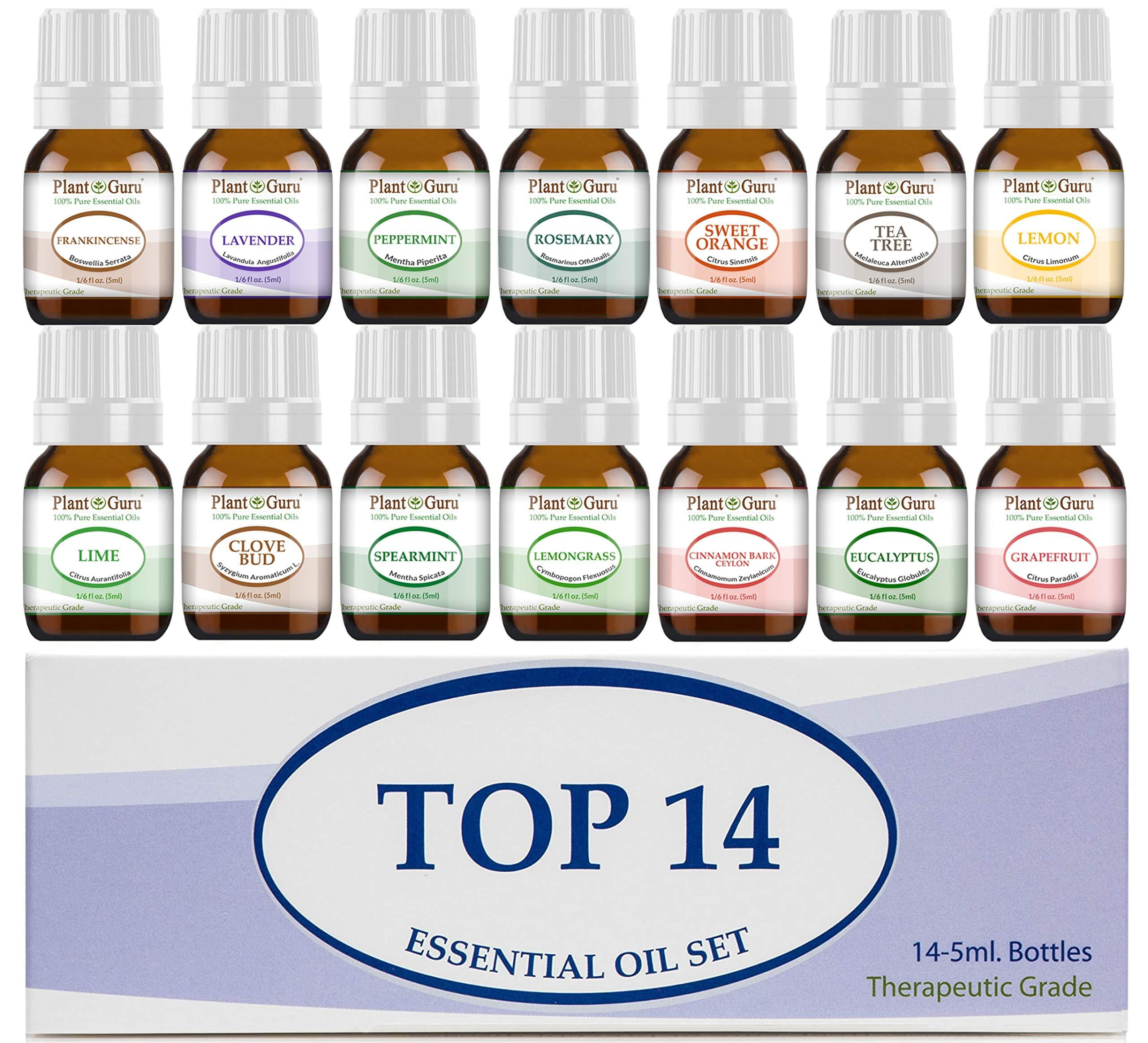 Essential Oil Set 14 - 5 ml. 100% Pure Therapeutic Grade Frankincense, Lavender, Peppermint, Rosemary, Orange, Tea Tree, Eucalyptus, Grapefruit, Lemon, Lime, Clove, Spearmint, Lemongrass, Cinnamon