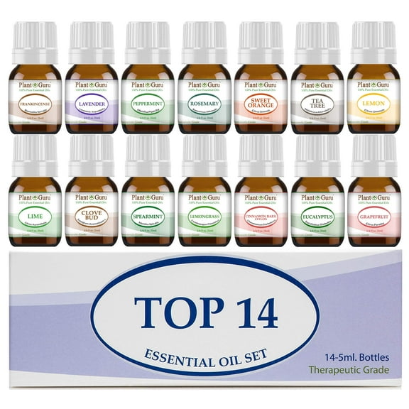 Essential Oil Set 14 - 5 ml. 100% Pure Therapeutic Grade Frankincense, Lavender, Peppermint, Rosemary, Orange, Tea Tree, Eucalyptus, Grapefruit, Lemon, Lime, Clove, Spearmint, Lemongrass, Cinnamon