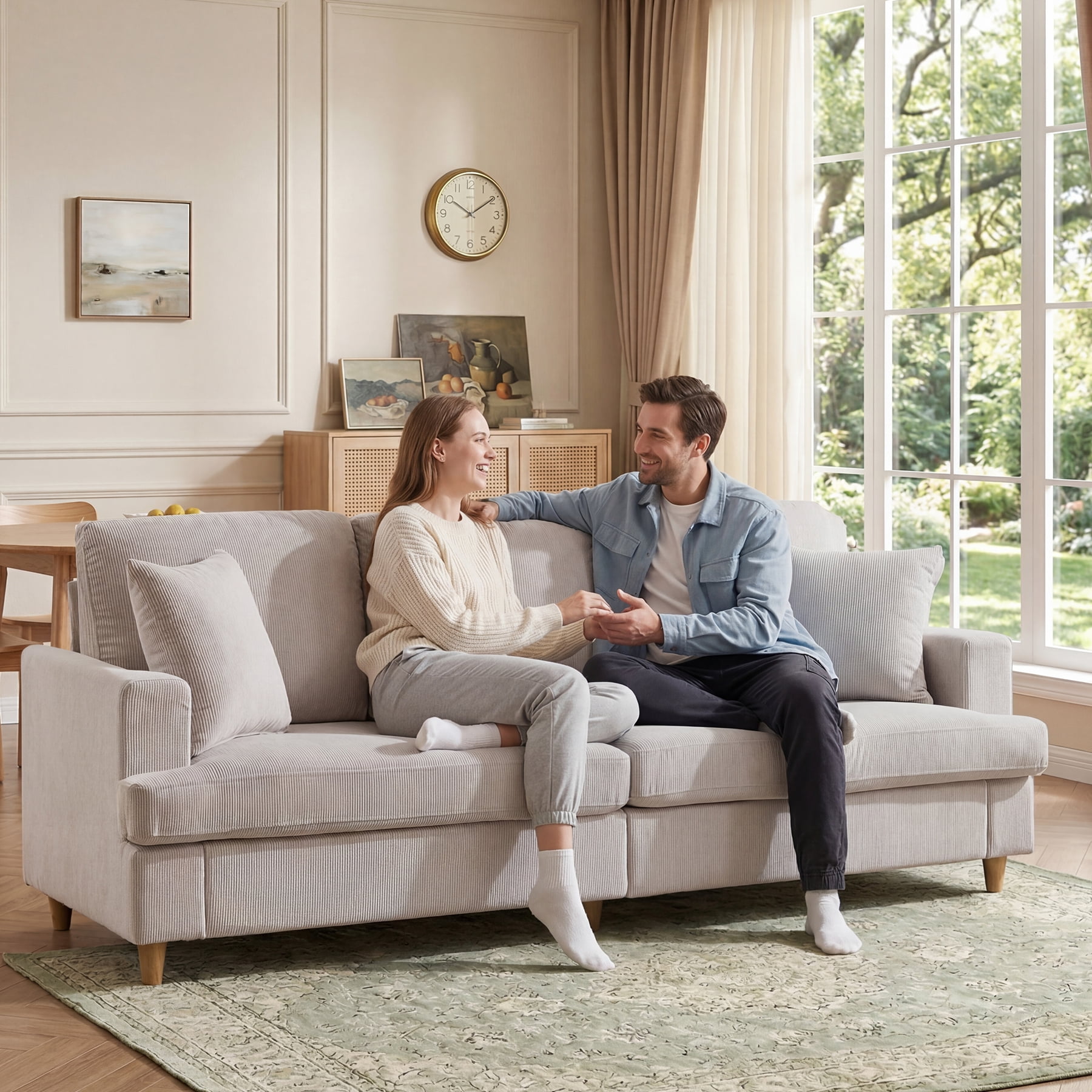 Ebello 87" 3-Seater Corduroy Sofa, Deep Seat with Plush Cushions, 2 Throw Pillows and Thick Backrest Couch for Living Room Bedroom Apartment, Beige