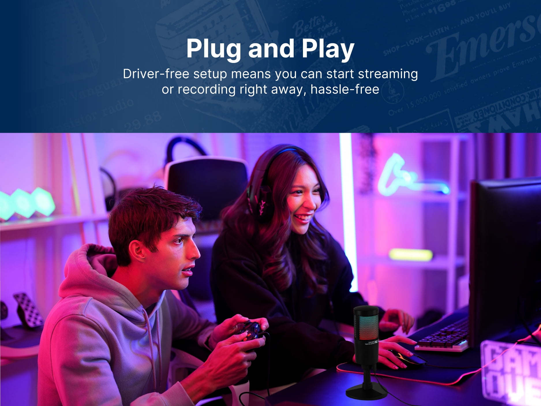 Emerson USB Gaming & Streaming Microphone with RGB Lighting with Tap-to-Mute