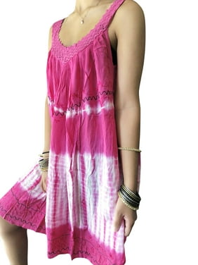 Women Summer Pink Dress, Tie dye Loose Flare Swing Dresses, Sleeveless Boho Beach Dresses ML