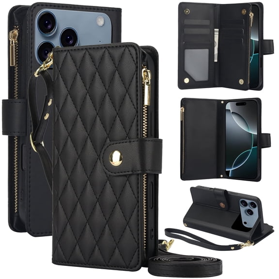 Kryonix for iPhone 17 Pro Wallet Case, Crossbody Zipper Purse with Wrist Strap Lanyard Handbag, RFID Blocking Card Holders, Kickstand Flip Leather Cover