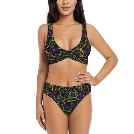 Zeuib Neon Mardi Gras High Waisted Tummy Control Bikini Set - Knot Front Push Up Top & Cheeky Thong Bottom  Two-Piece Swimsuit for Women-Medium