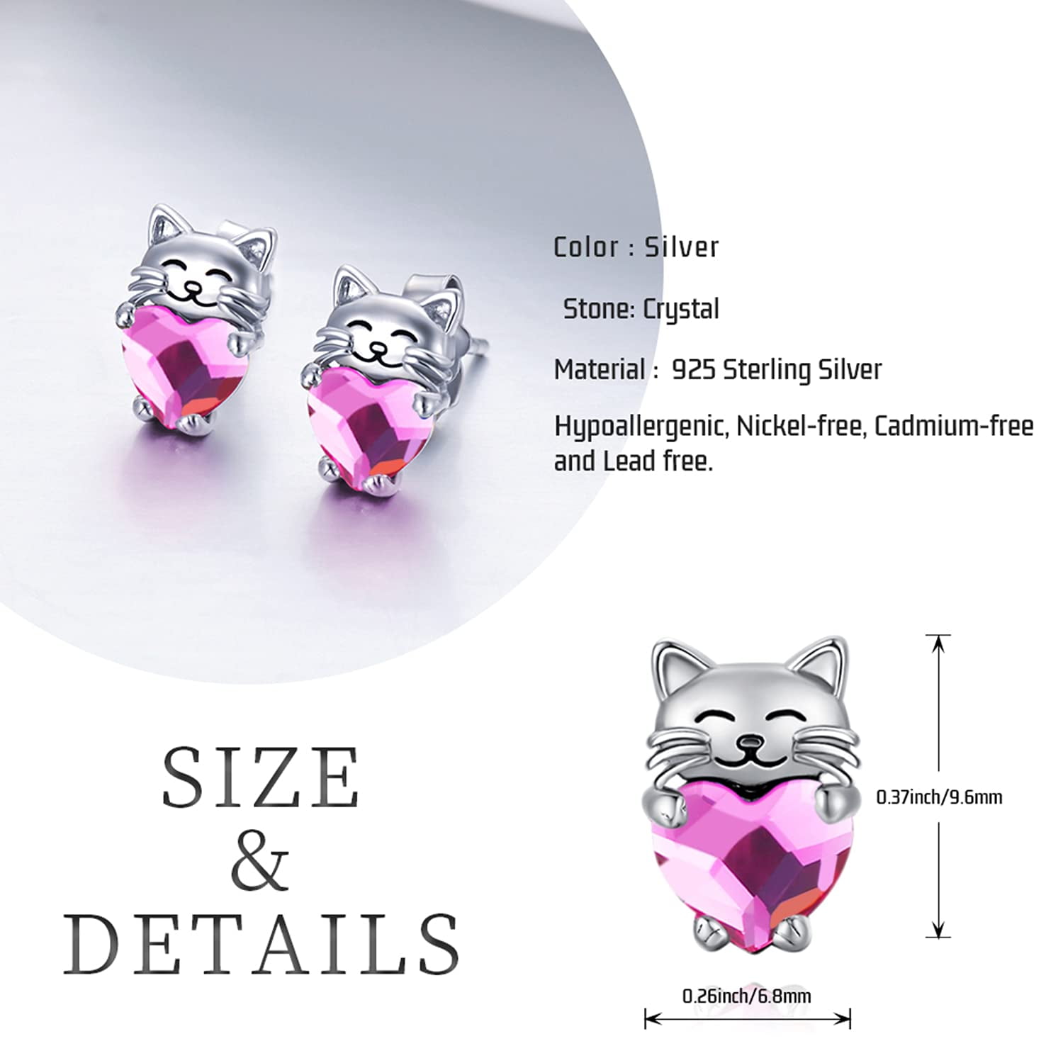Midir&Etain Cat Love Earrings 925 Sterling Silver Cat Earrings Cute Animal Little Cat Earrings Cat Jewelry Gifts Women's Allergic Earrings Suitable for Sensitive Ears（Pink）