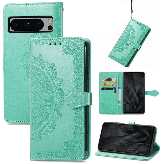 SaniMore for Google Pixel 8 Pro 6.7" 2023 Wallet Case with Embossed Mandala PU Leather Flip Protection Wrist Strap Credit Card Holder Pocket Kickstand Shockproof Cover For Google Pixel 8 Pro, Green