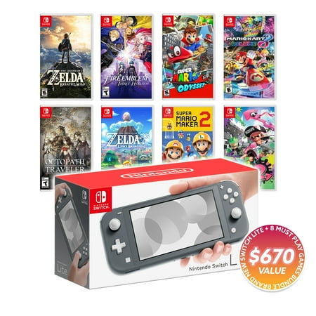 Nintendo Switch Lite Gray Console Bundle with 8 Games: Zelda Breath of the Wild, Link's Awakening, Super Mario Odyssey, Mario Kart 8, Mario Maker 2, Octopath Traveler, Fire Emblem, Splatoon 2