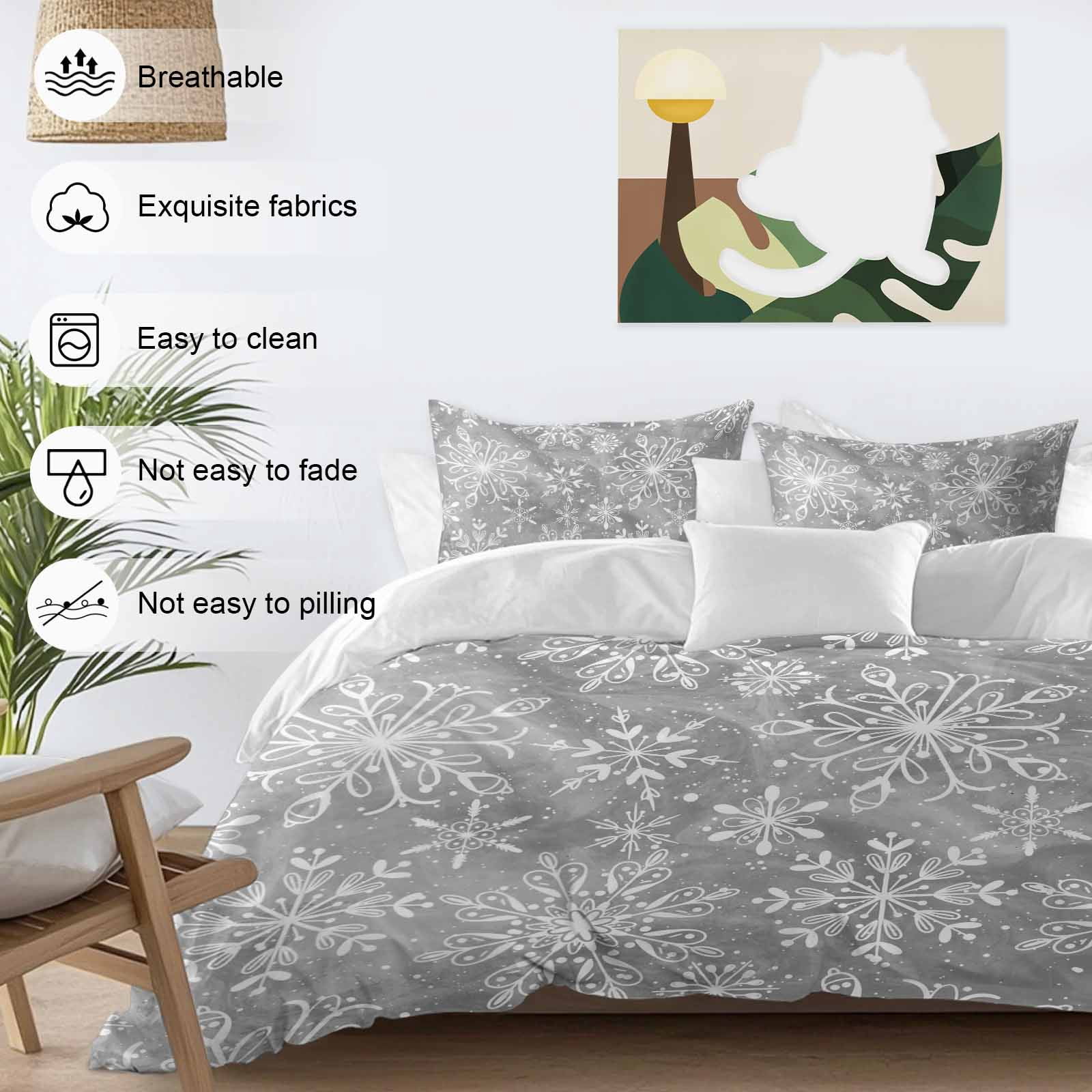 Winter Christmas Bedding Duvet Cover Set Twin Size 4 Pieces Watercolor White Snowflake Bedding Set with Zipper Closure, 1 Comforter Cover 68x86 Inches 1 Flat Sheet & 2 Pillow Cases