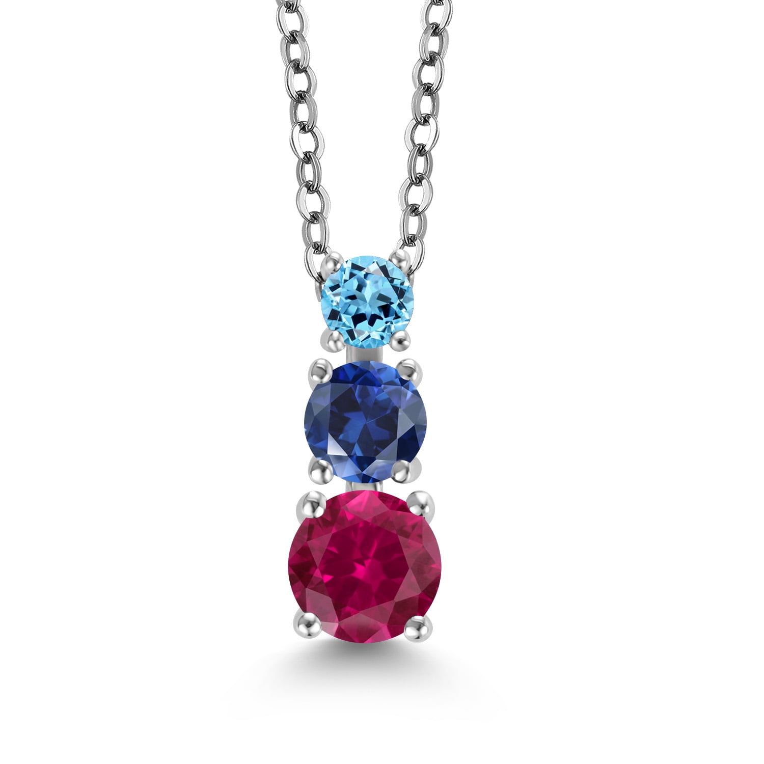 Gem Stone King Red Created Ruby Blue Created Sapphire Swiss Blue Topaz 3 Stone Pendant Necklace for Women (1.00 cttw, Gemstone Birthstone, Round 5MM, 4MM and 3MM, with 18 inch Chain)