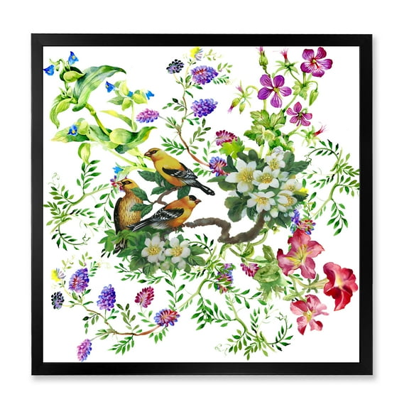 Designart 'Tropical Birds Sitting On Blooming Tree' Traditional Framed Art Print