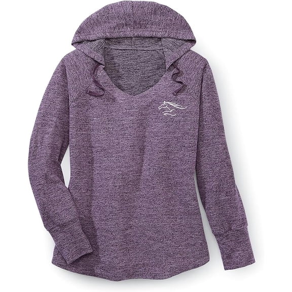 Sagefinds Horse Embroidered Pullover Purple Hoodie - V-Neck Long Sleeves with Thumb Holes - Large