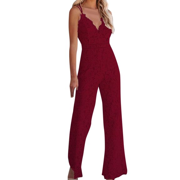 JFGHDG Women's Floral Eyelash Lace Deep V Neck Jumpsuit Sleeveless Double Spaghetti Straps Flare Leg Full Length Rompers Dressy One Piece Party Outfits Red L