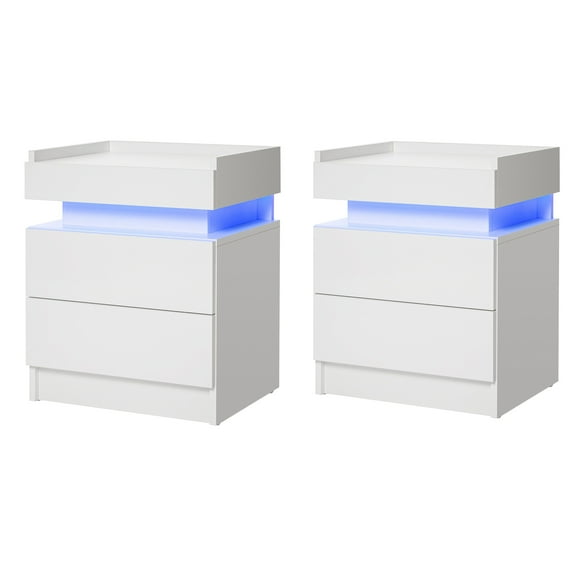 Hommpa Tall LED Nightstand Set of 2 High Gloss 2 Drawer Bedside Table Cabinet Bedroom Furniture