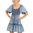 thumbnail image 2 of Liacowi Women's Casual Denim Dress Scoop Neck Short Flared Sleeve Elastic Ruched Chest High Waist Ruffle A-line Dresses, 2 of 8