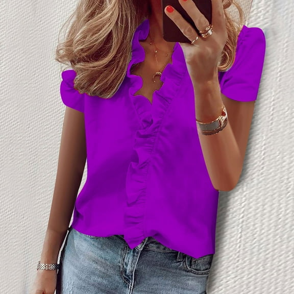 Njoeus Tops for Women Trendy Business Casual Tops for Women Womens Summer Shirt Ruffle V Neck Casual Tshirts Puff Sleeve Tops for Women Trendy Work Office Blouse Solid Color M-4Xl Summer Tops On Clear