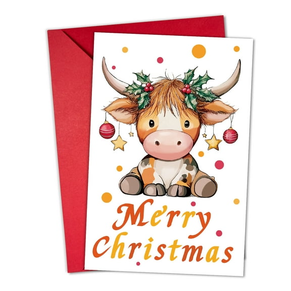 Adorable Merry Christmas Card with Cute Cow Design – Festive Greeting Card for Holiday Wishes – Envelope Included, Blank Inside – Perfect for Friends and Family