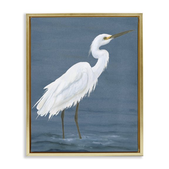 Stupell Industries Transitional Egret in Shallow Water Gold Floating Frame Canvas Art, 17 x 21, by Michael Willett