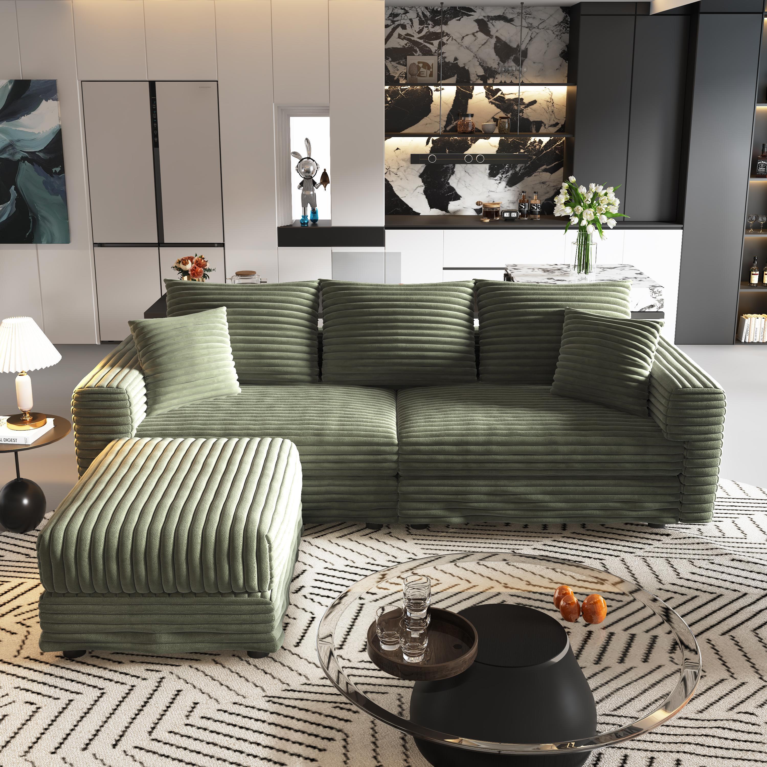 Alvantor 3-Seat Sofa with Movable Ottomans 83 " W Corduroy Upholstered Deep Seat Couches L Shaped Convertible Chaise for Living Room, Apartment Green