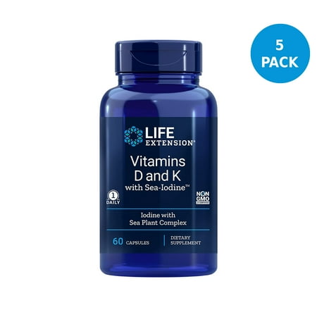 Life Extension Vitamins D and K with Sea-Iodine Thyroid & Adrenal Supplement - 60 Count (5 Pack)