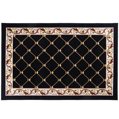 Skid-Resistant Carpet Indoor Area Rug Floor Mat – Traditional Lattice with Floral Border – Ebony Black – 6 Ft. X 9 Ft.