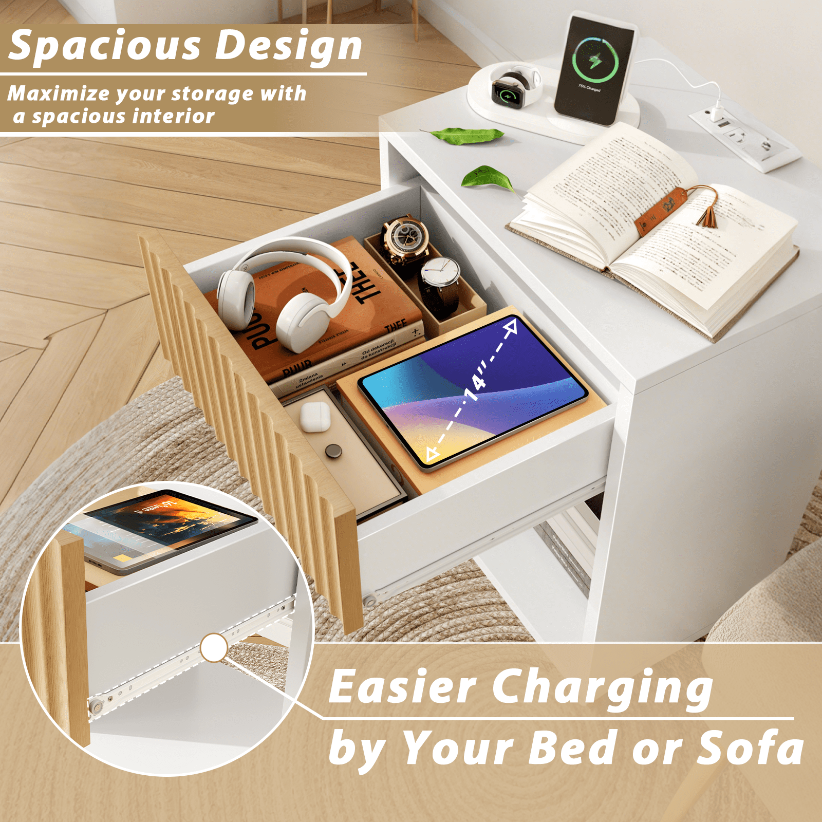White Nightstand with Charging Station & LED Lights, End Table Side Table Set of 2 for Bedroom Dorm Office