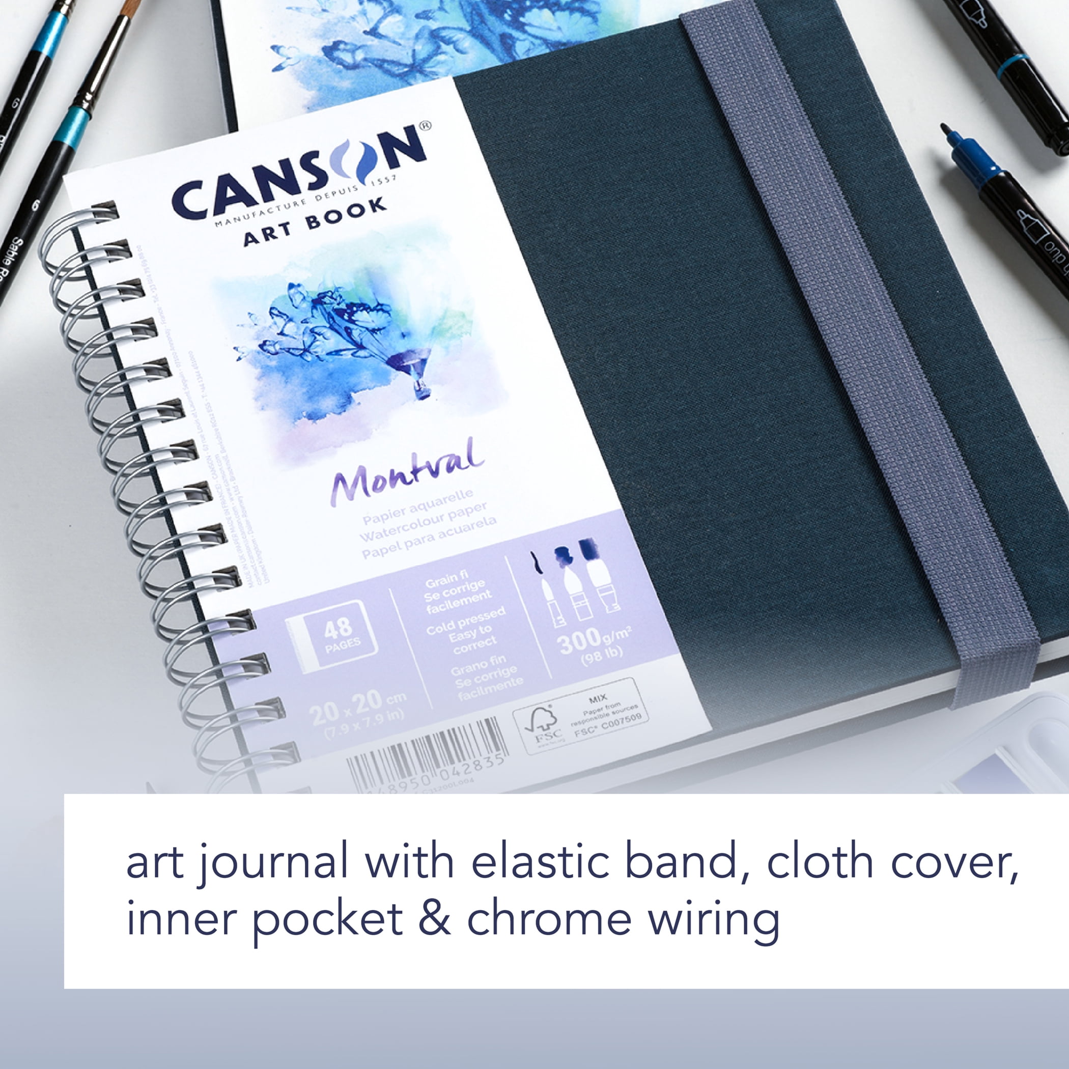 Canson Artist Series Montval Watercolor Art Book, Fabric Cover, Side Wire Binding, 48 Sheet, 7.8x7.8 inch, 1 Count