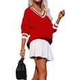thumbnail image 6 of Women'S Casual V Neck Long Sleeve Sweater Trendy Striped Pullover Cable Knit Preppy Sweaters Red L, 6 of 9