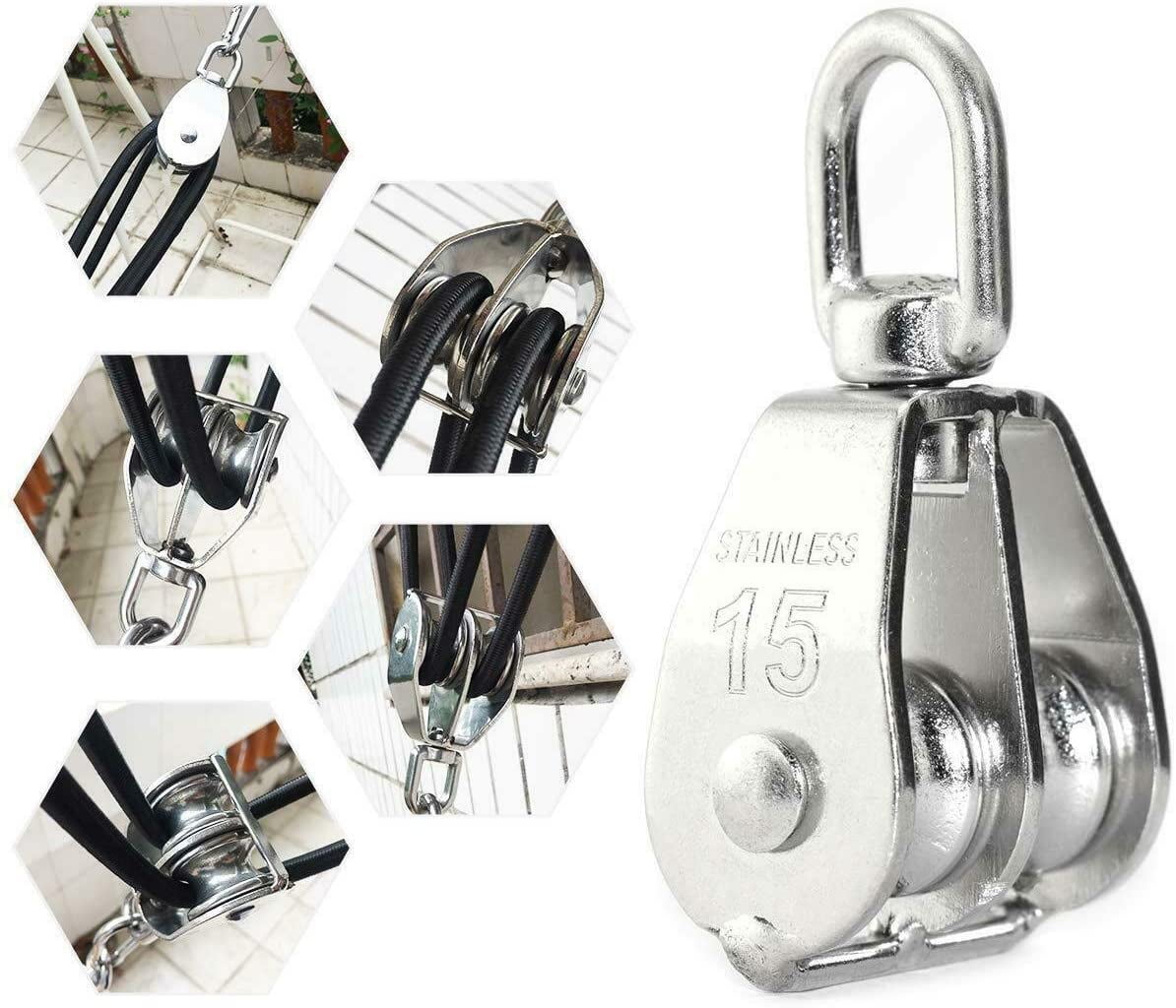 Stainless Steel Swivel Double Wheel Pulley Block Rigging Lifting Rope Lifter New 