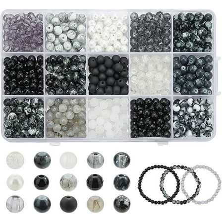 PH 750pcs Black White Glass Bead 15 Styles Round Beads 6mm Beads Frosted Loose Bead Transparent Acrylic Charms for Ramadan Jewelry Making Bracelets Necklaces Craft Colorful