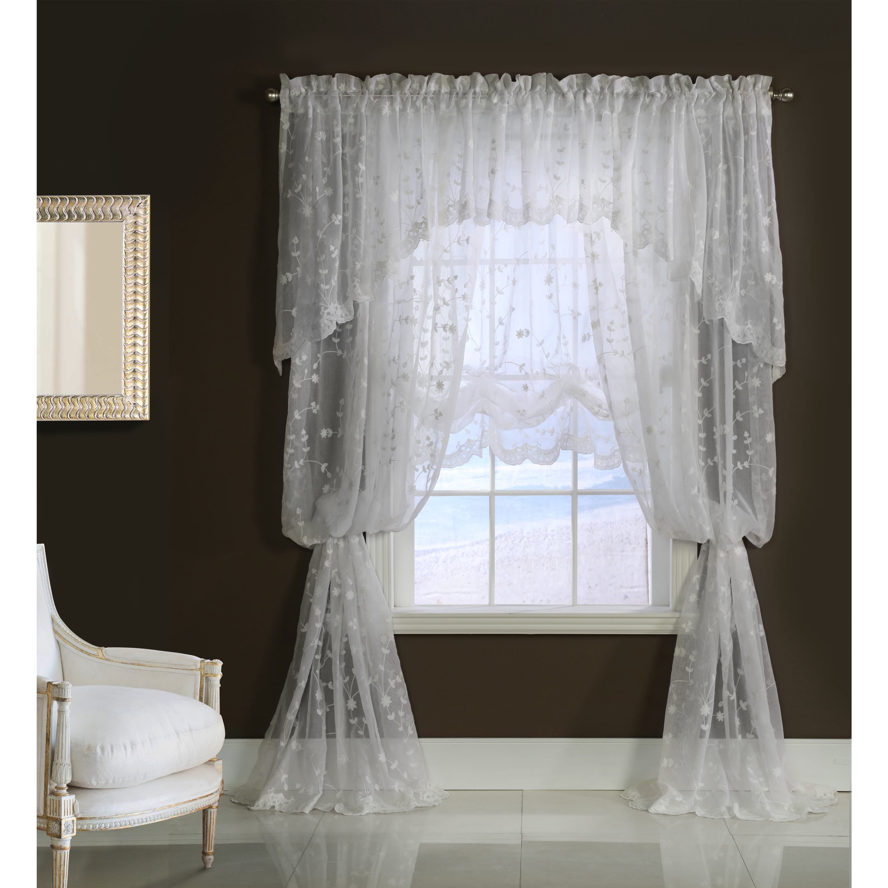Garcia Embroidered Curtain Sheer with Scallop Detail 52" x 63" in White