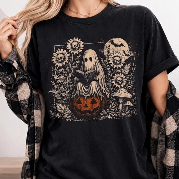 Yoofine Adult Vintage Ghost Reading Book Gothic Halloween Graphic T-Shirt