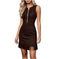 thumbnail image 2 of Dolkfu Sleeveless Summer&Fall Dresses for Women Western Style Crew Neck Brown Fringe Mini Bodycon Dresses Retro Solid Suede Dresses Brown,Xxl, 2 of 5
