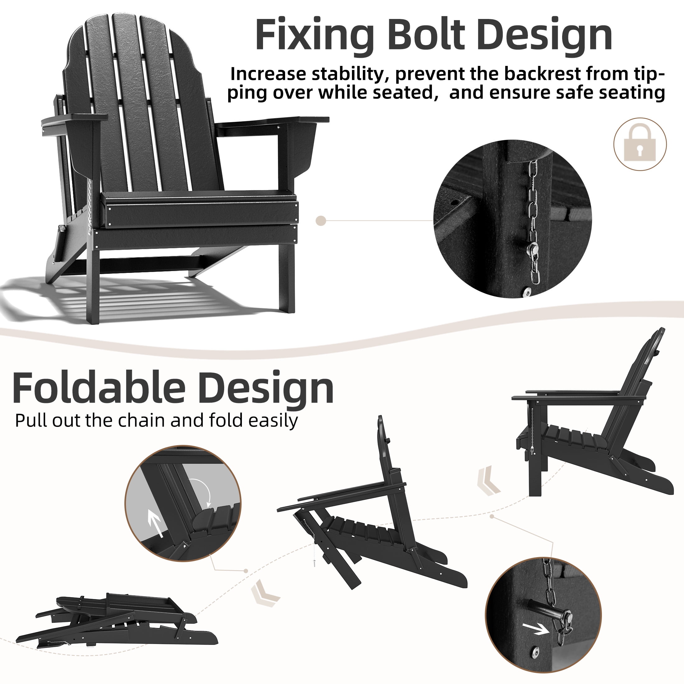 Erinnyees All-Weather Adirondack Chair,Folding Adirondack Outdoor Chair with Wooden Textured for Patio,Garden,Backyard and Lawn,Black