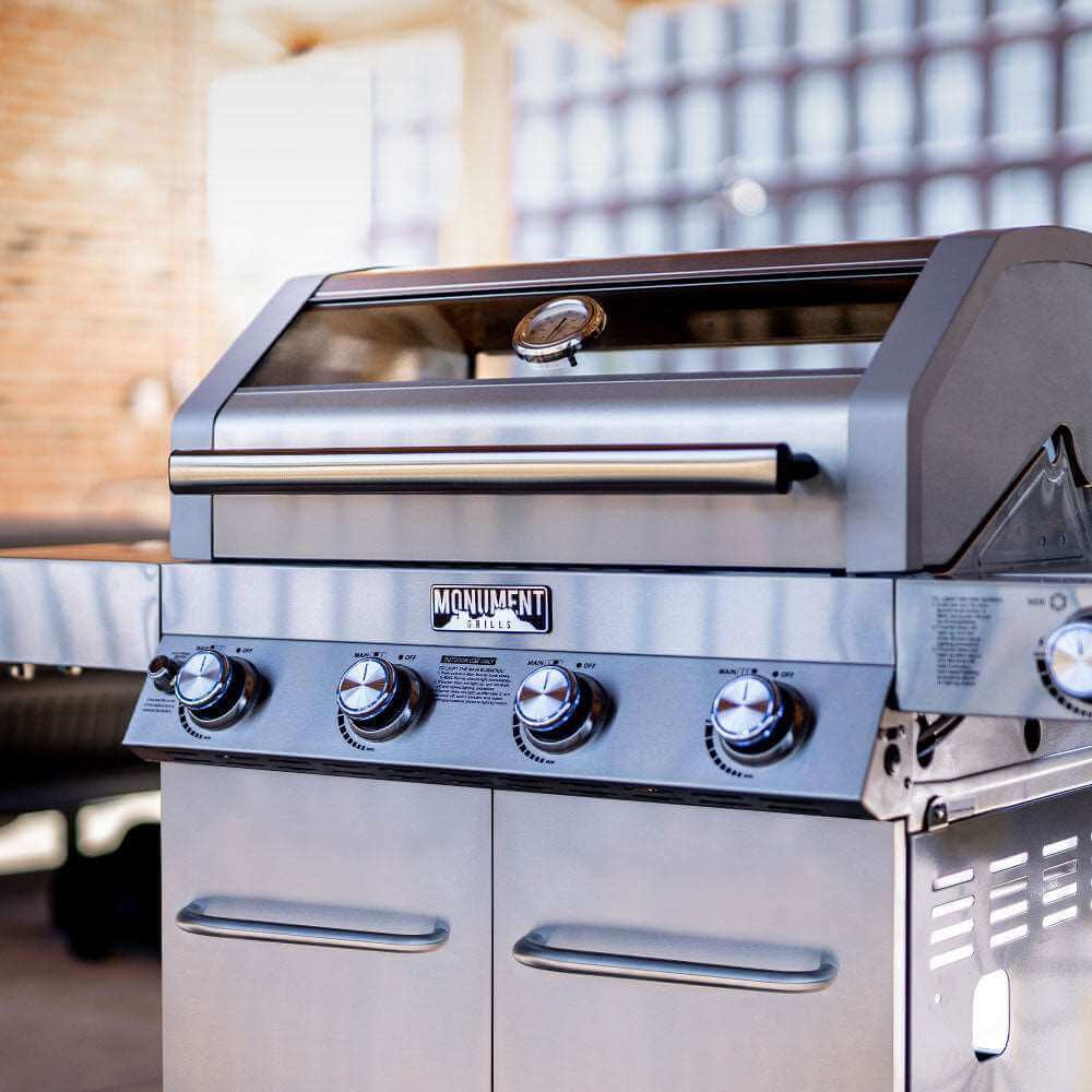 Monument Grills 4-Burner Stainless Steel Propane Gas Cabinet Grill with Clear View Lid, LED Controls, Side Burner