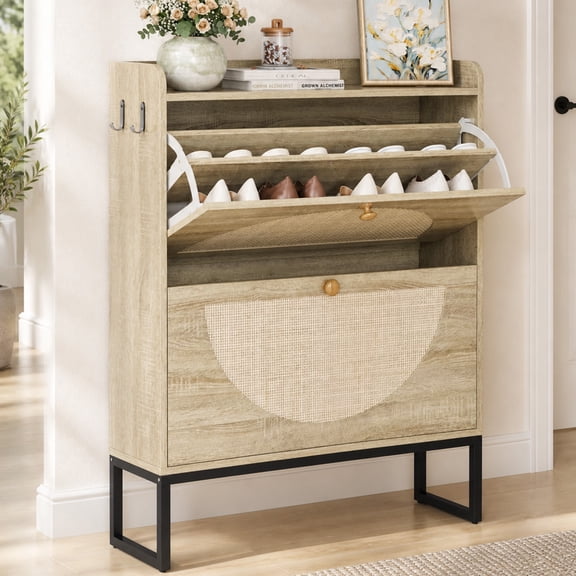 Furnibear Shoe Cabinet with Rattan Doors and Adjustable Shelves for Entryway Shoe Storage, Natural Wood